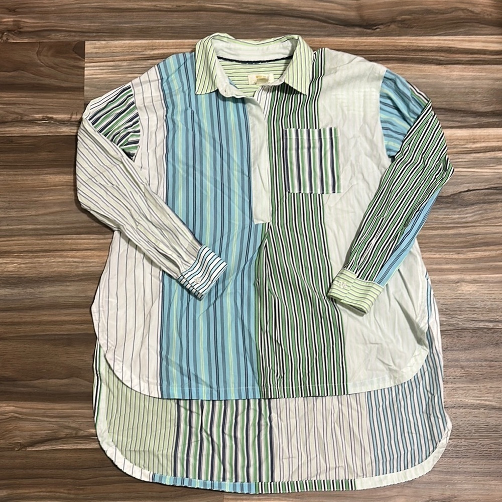 Maeve Anthropologie Striped Alix Henley Hi Low Cotton Button Down Shirt Sz XS